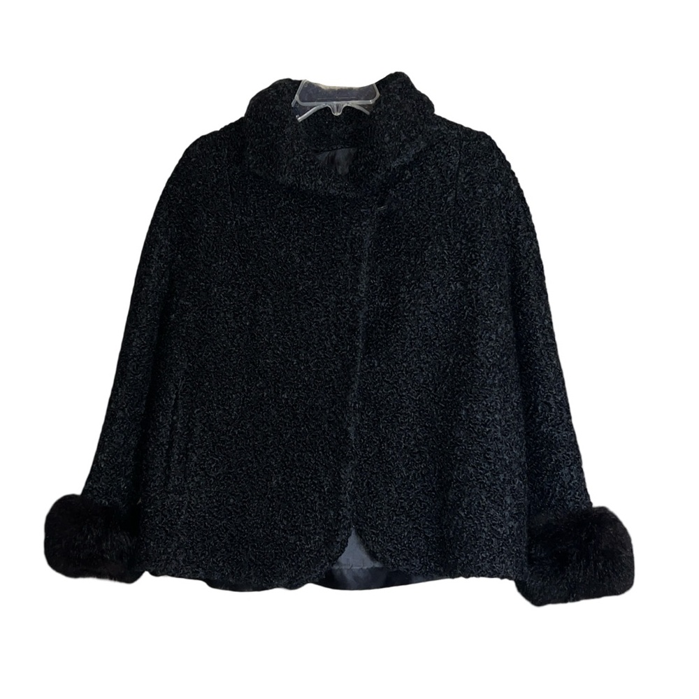 Vintage Black Persian Lamb Coat with Fox Fur Cuffs ILGWU AFL-CIO Large